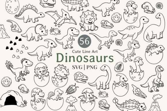 Download Cute Dinosaur Line Art Clipart Bundle - Bundle Collection