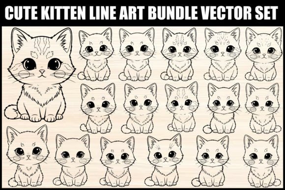 Download Cute Kitten Line Art Bundle Vector Set - Bundle Collection