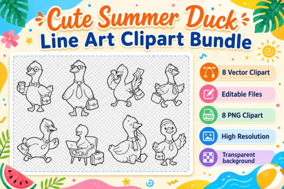 Download Cute Summer Duck Line Art Clipart Bundle - Bundle Collection